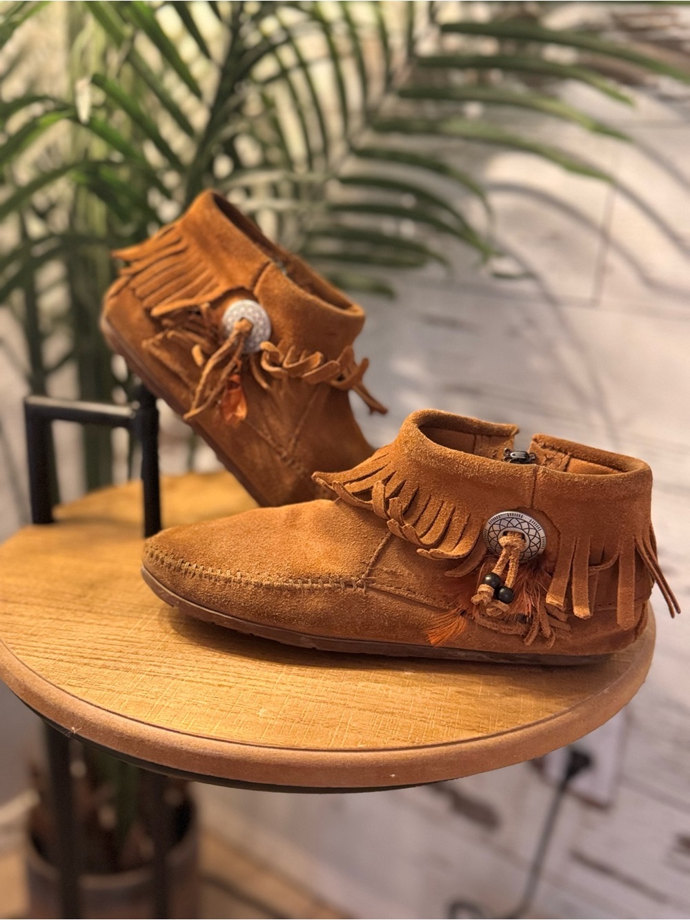 Minnetonka Chestnut Fringe Suede Moccasins
